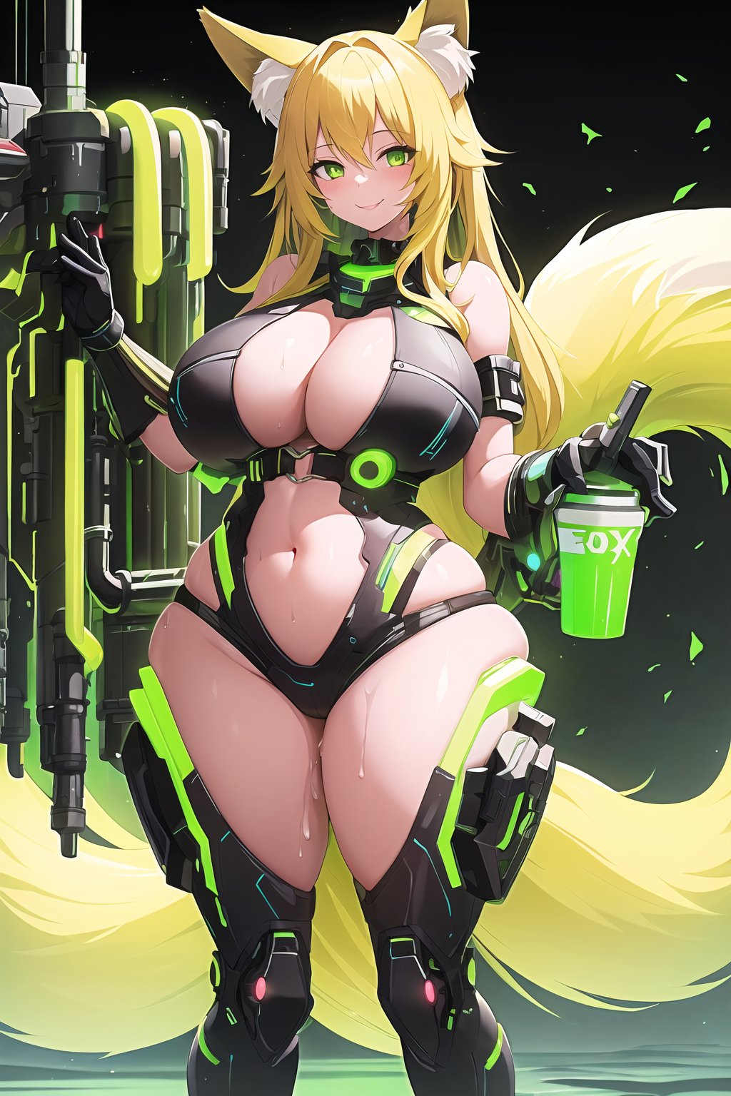 masterpiece, best quality, highres, edrinktech, scifi, energy drink, fluid pipes, florescent fluid, 1girl, solo, standing, looking at viewer, curvy body, large breasts, yellow hair, long hair, fox ears, fox tail, smile, green eyes