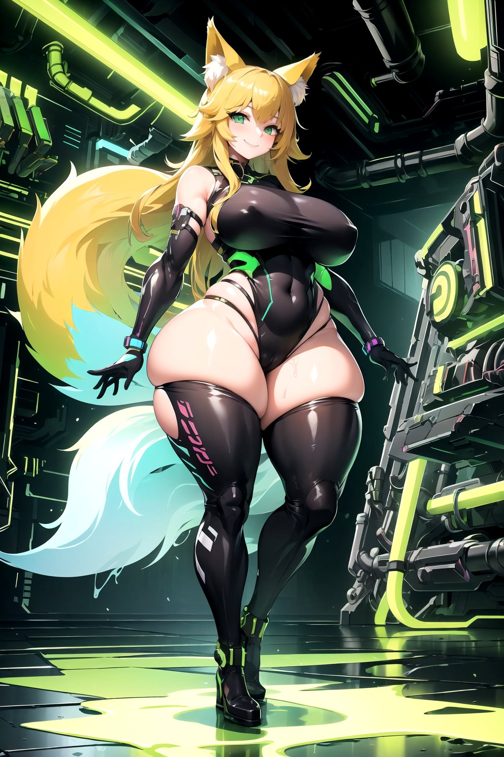 masterpiece, best quality, highres, edrinktech, scifi, energy drink, fluid pipes, florescent fluid, 1girl, solo, standing, looking at viewer, curvy body, large breasts, yellow hair, long hair, fox ears, fox tail, smile, green eyes