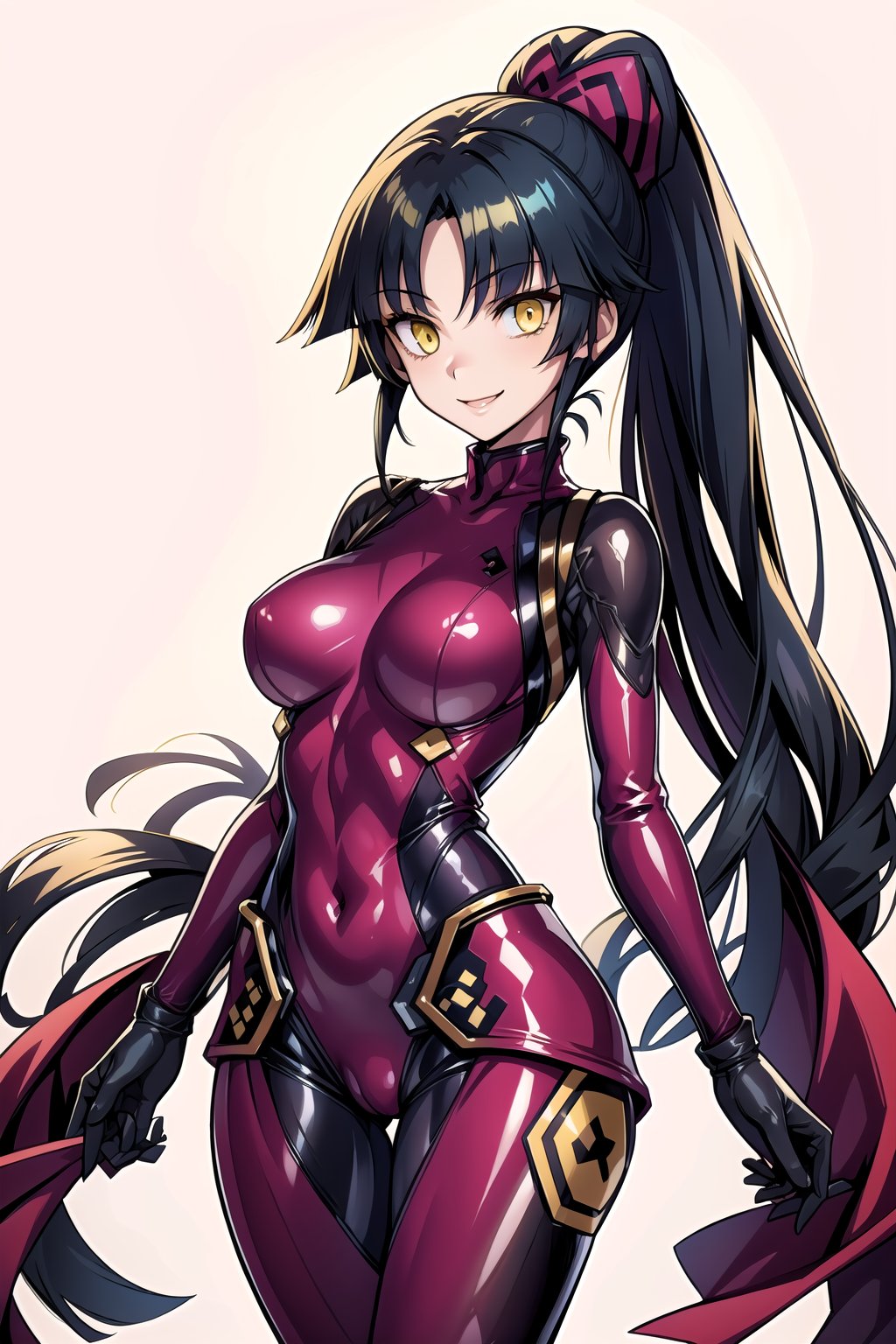 masterpiece, best quality, highres, 1girl, solo, standing, looking at viewer, large breasts, rubbersuit, latex suit, rubber suit, bodysuit, smile, simple background, white background, danzou katou, android, black hair, long hair, ponytail, (yellow eyes:1.5)