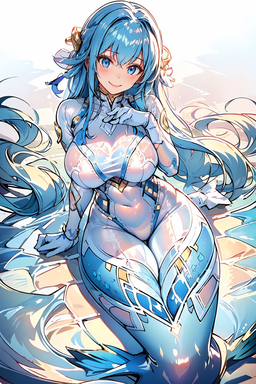 masterpiece, best quality, highres, 1girl, solo, looking at viewer, large breasts, rubbersuit, latex suit, rubber suit, bodysuit, smile, simple background, white background, CoralVG, mermaid, blue hair, blue eyes