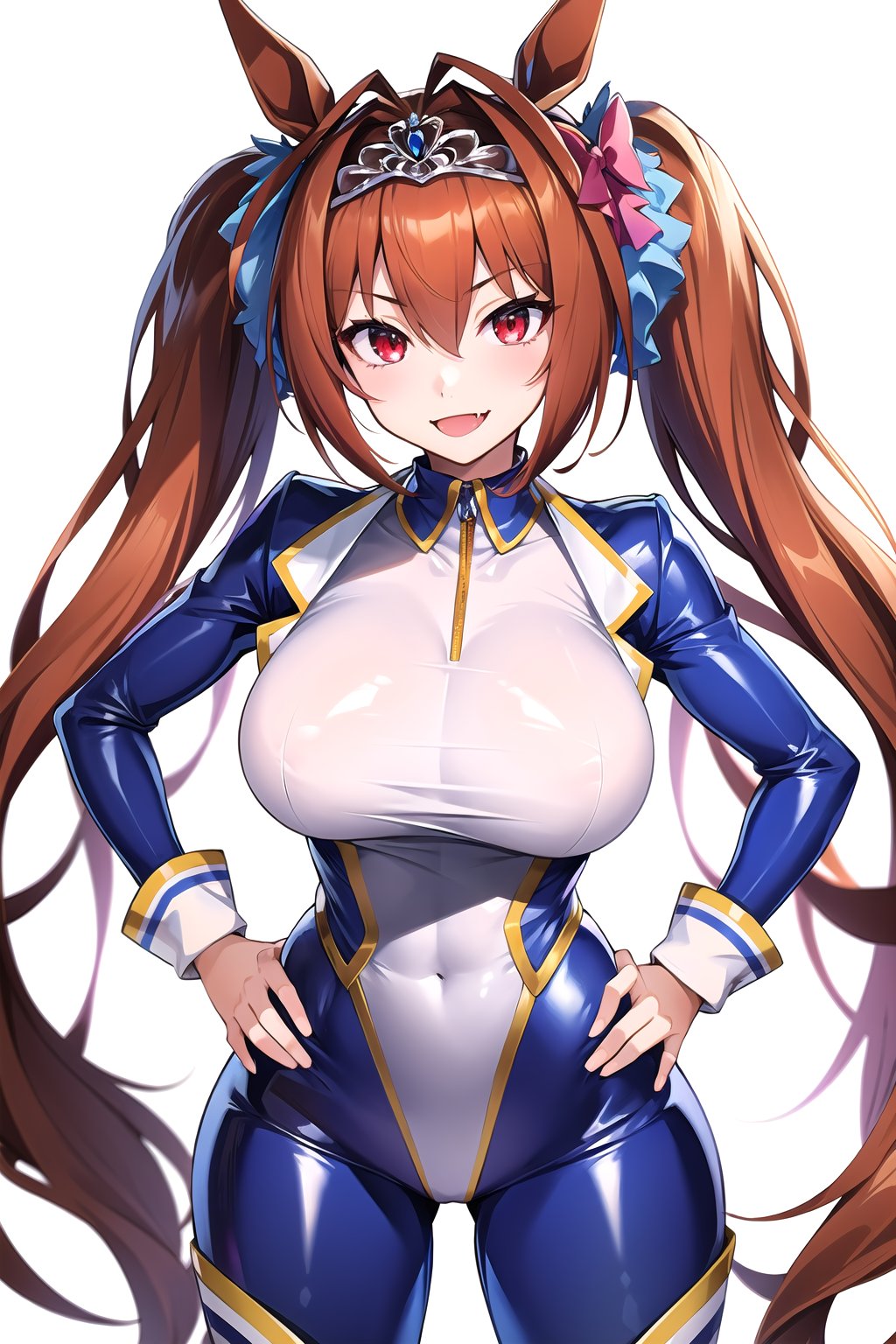 masterpiece, best quality, highres, 1girl, solo, standing, hands on hip, looking at viewer, large breasts, rubbersuit02, glossy suit, bodysuit, latex, smile, simple background, white background, daiwa scarlet (umamusume), horse ears, long hair, twintails, tiara, horse tail, very long hair, brown hair, large breasts, fang, red eyes, bangs, hair between eyes, hair bow