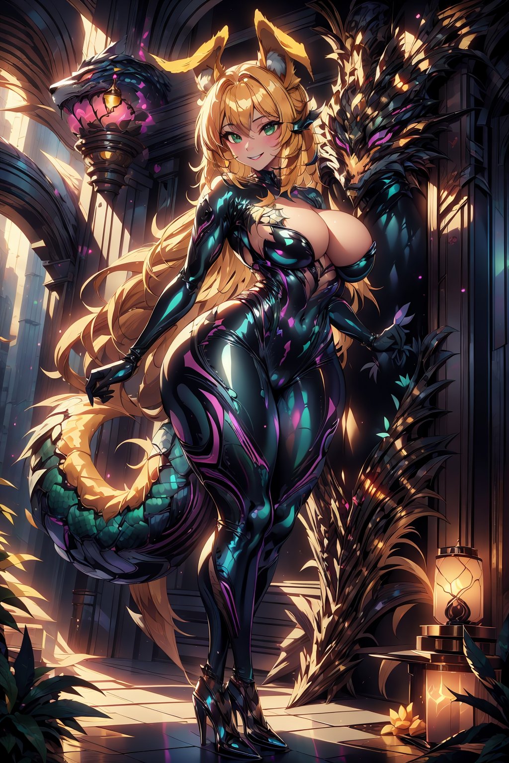 masterpiece, best quality, highres, draconictech, scifi, obsidian, iridescent, scaly, 1girl, solo, standing, looking at viewer, curvy body, large breasts, yellow hair, long hair, fox ears, fox tail, rubbersuit, latex suit, rubber suit, bodysuit, smile, green eyes