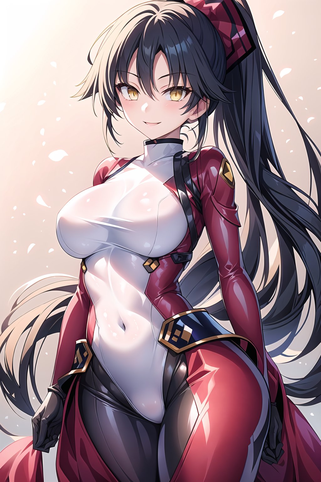 masterpiece, best quality, highres, 1girl, solo, standing, looking at viewer, large breasts, rubbersuit, latex suit, rubber suit, bodysuit, smile, simple background, white background, danzou katou, android, black hair, long hair, ponytail, (yellow eyes:1.5)