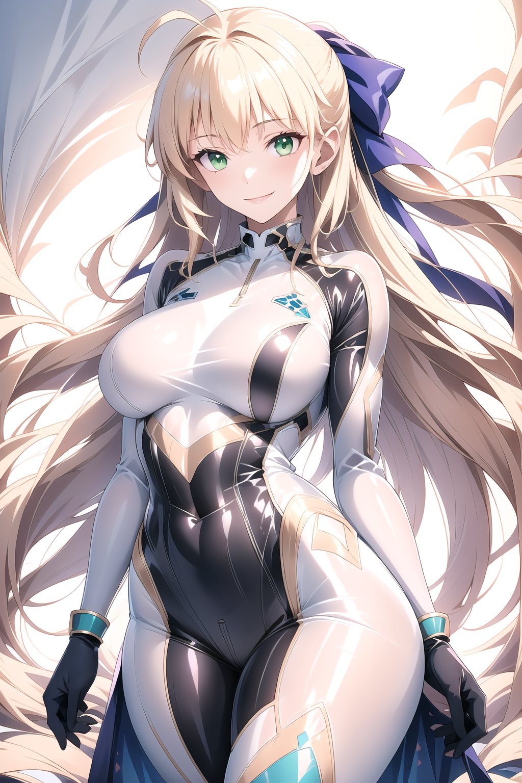 masterpiece, best quality, highres, 1girl, solo, standing, looking at viewer, large breasts, rubbersuit, latex suit, rubber suit, bodysuit, smile, simple background, white background, cccaster, long hair, ahoge, hair bow, green eyes