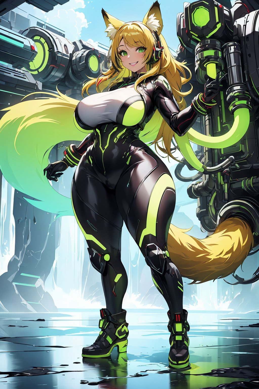 masterpiece, best quality, highres, edrinktech, scifi, energy drink, fluid pipes, florescent fluid, 1girl, solo, standing, looking at viewer, curvy body, large breasts, yellow hair, long hair, fox ears, fox tail, smile, green eyes