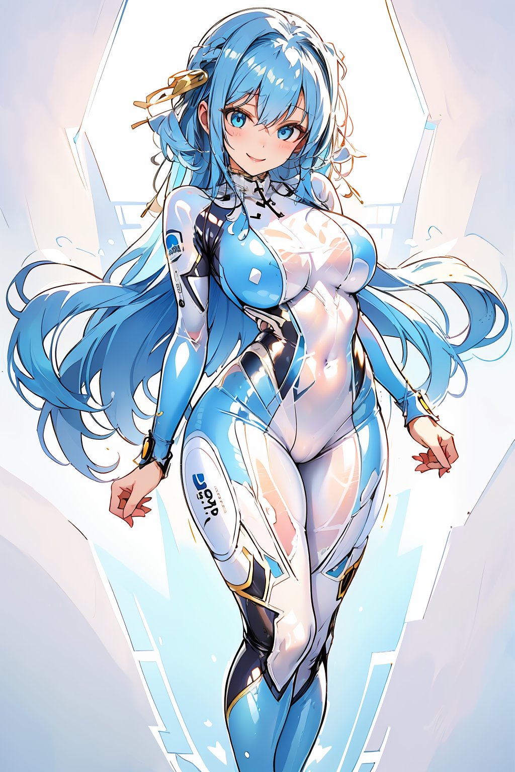 masterpiece, best quality, highres, 1girl, solo, standing, looking at viewer, large breasts, rubbersuit, latex suit, rubber suit, bodysuit, smile, simple background, white background, CoralVG, blue hair, blue eyes