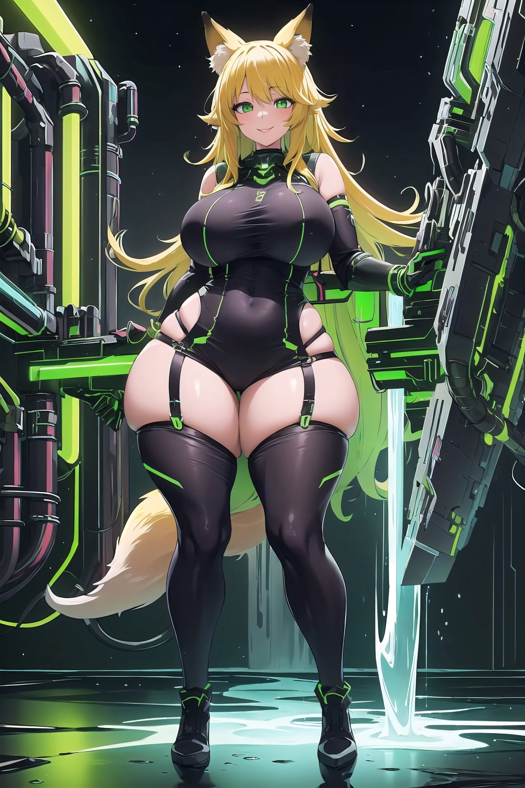 masterpiece, best quality, highres, edrinktech, scifi, energy drink, fluid pipes, florescent fluid, 1girl, solo, standing, looking at viewer, curvy body, large breasts, yellow hair, long hair, fox ears, fox tail, smile, green eyes