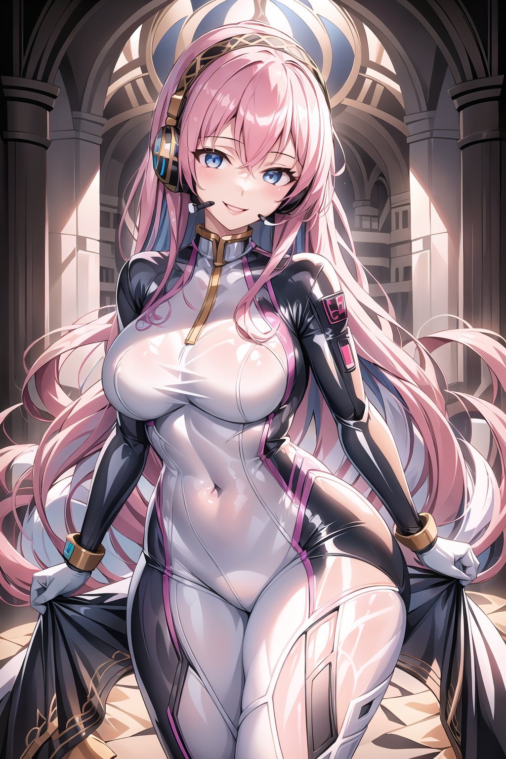 masterpiece, best quality, highres, 1girl, solo, standing, looking at viewer, large breasts, rubbersuit, latex suit, rubber suit, bodysuit, smile, simple background, white background, megurine luka, long hair, headset, blue eyes, hair between eyes, pink hair, headphones