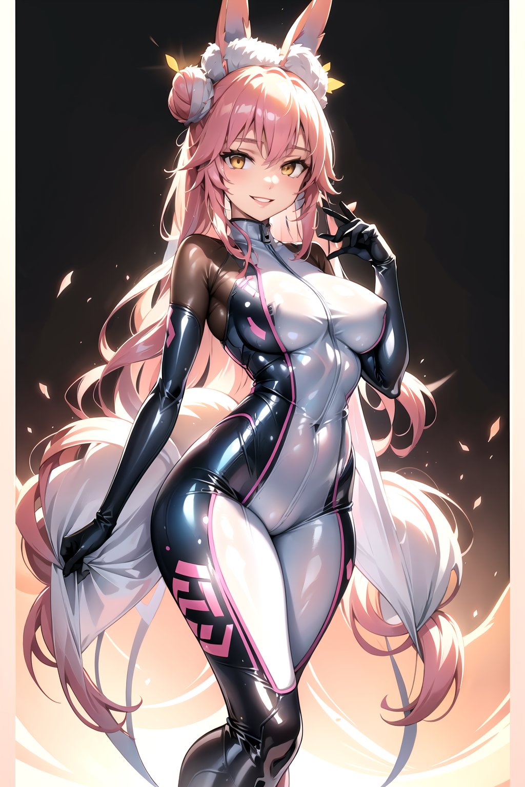 masterpiece, best quality, highres, 1girl, solo, standing, looking at viewer, large breasts, rubbersuit, latex suit, rubber suit, bodysuit, smile, simple background, white background, bbkoyans, long hair, double bun, fox ears