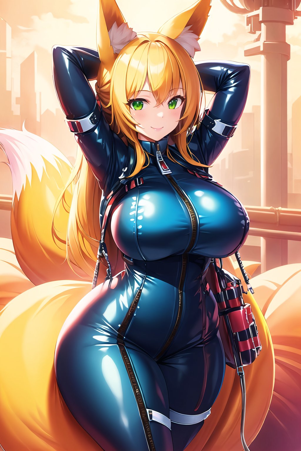 masterpiece, best quality, highres, LatexTech, scifi, inflatable, zippers, 1girl, solo, standing, looking at viewer, curvy body, large breasts, yellow hair, long hair, fox ears, fox tail, smile, green eyes