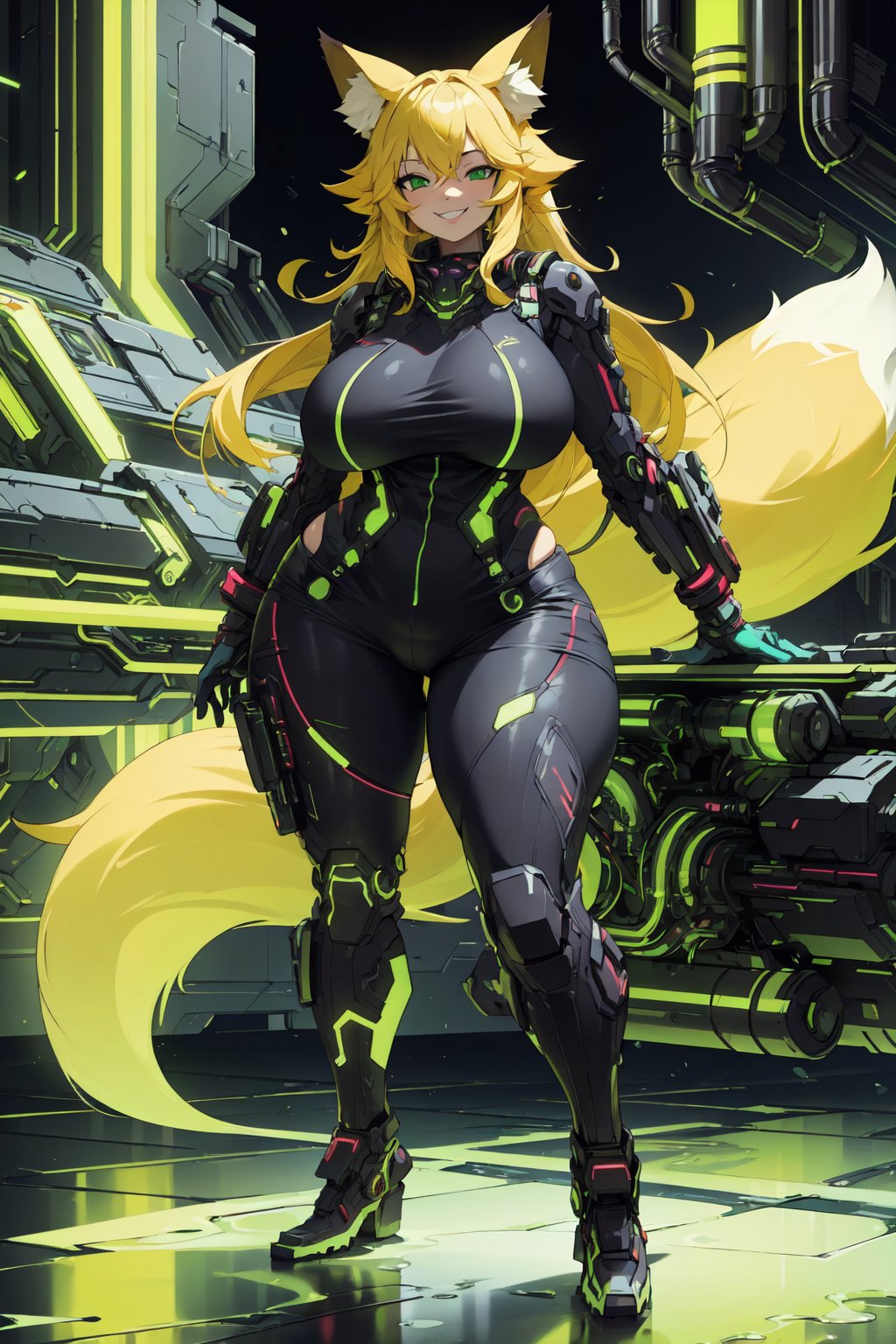 masterpiece, best quality, highres, edrinktech, scifi, energy drink, fluid pipes, florescent fluid, 1girl, solo, standing, looking at viewer, curvy body, large breasts, yellow hair, long hair, fox ears, fox tail, smile, green eyes