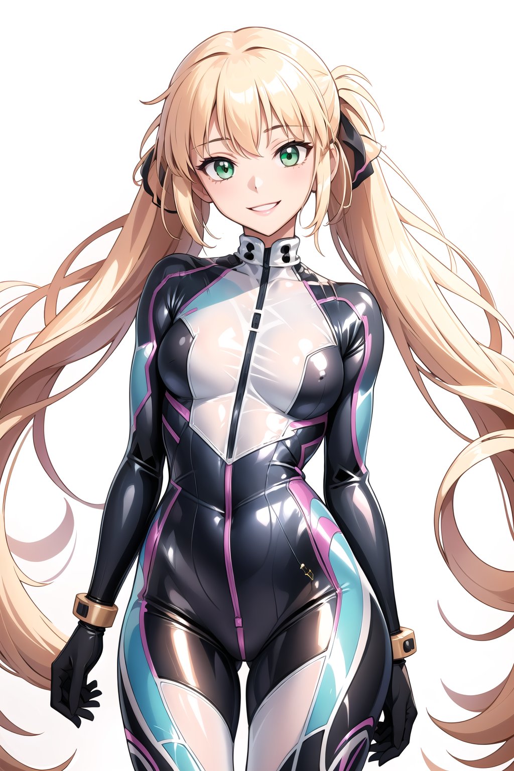 masterpiece, best quality, highres, 1girl, solo, standing, looking at viewer, rubbersuit, latex suit, rubber suit, bodysuit, smile, simple background, white background, bbcaster, long hair, twintails, green eyes