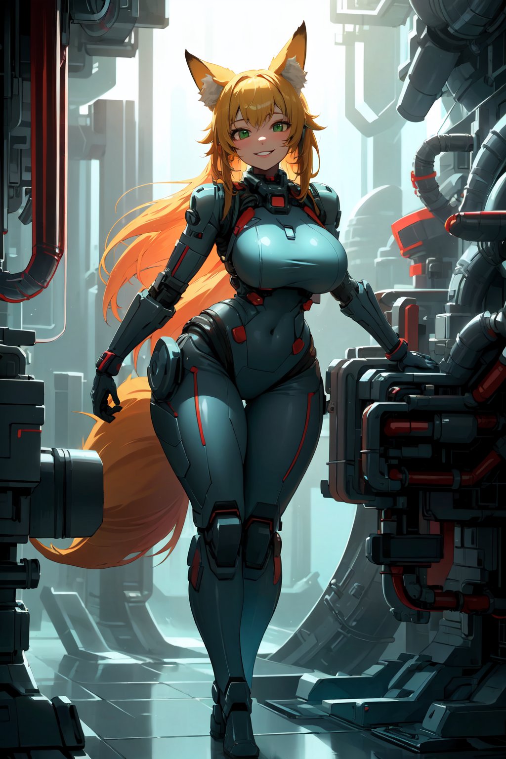 masterpiece, best quality, highres, plasttech, scifi, synthetic, transparent, 1girl, solo, standing, looking at viewer, curvy body, large breasts, yellow hair, long hair, fox ears, fox tail, smile, green eyes