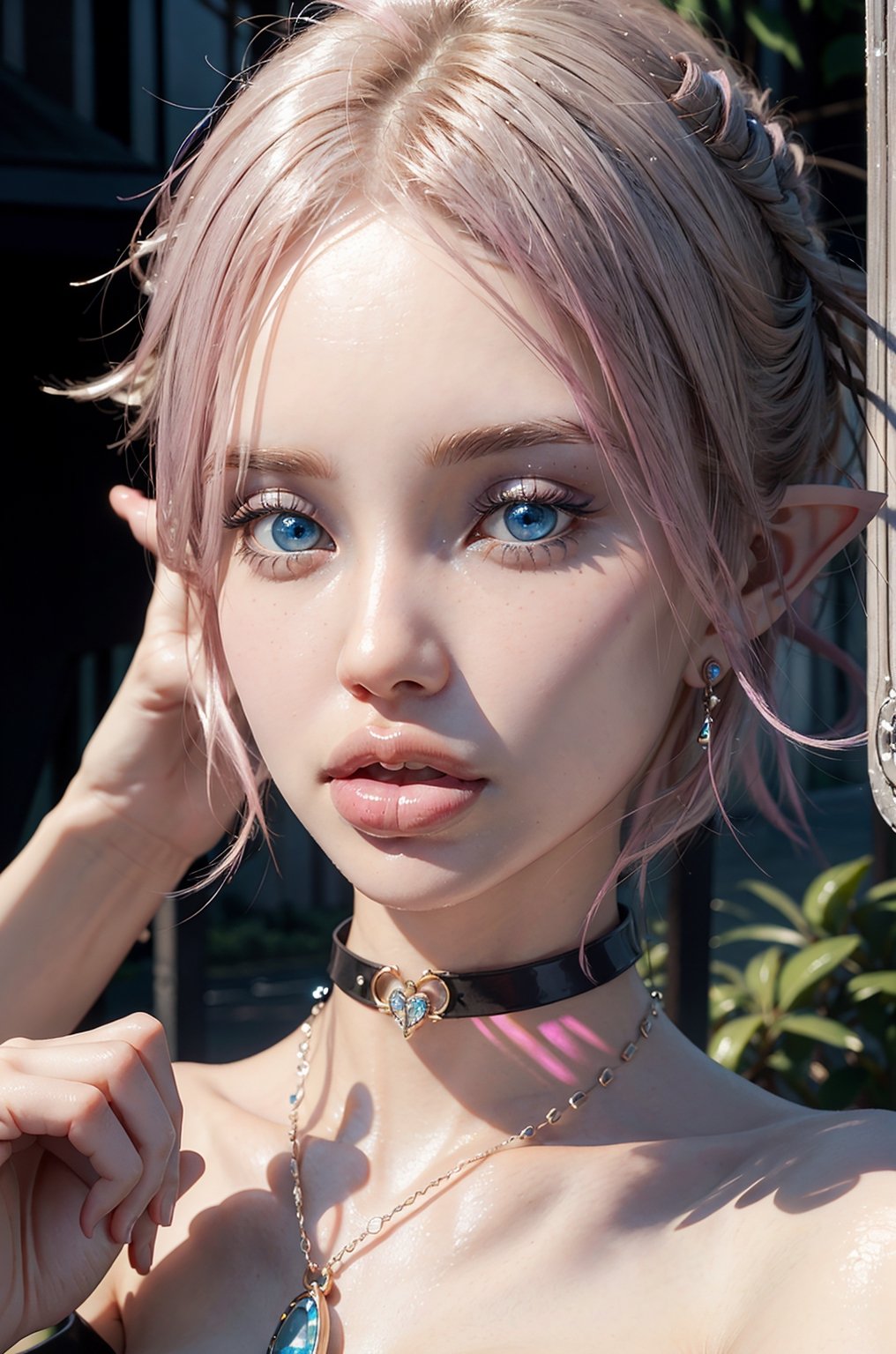 detailed eyes, masterpiece, 1girl,  blue eyes, short hair, earrings, necklace, black choker, pink hair, elf, pointy ears, big lips, portrait, closeup