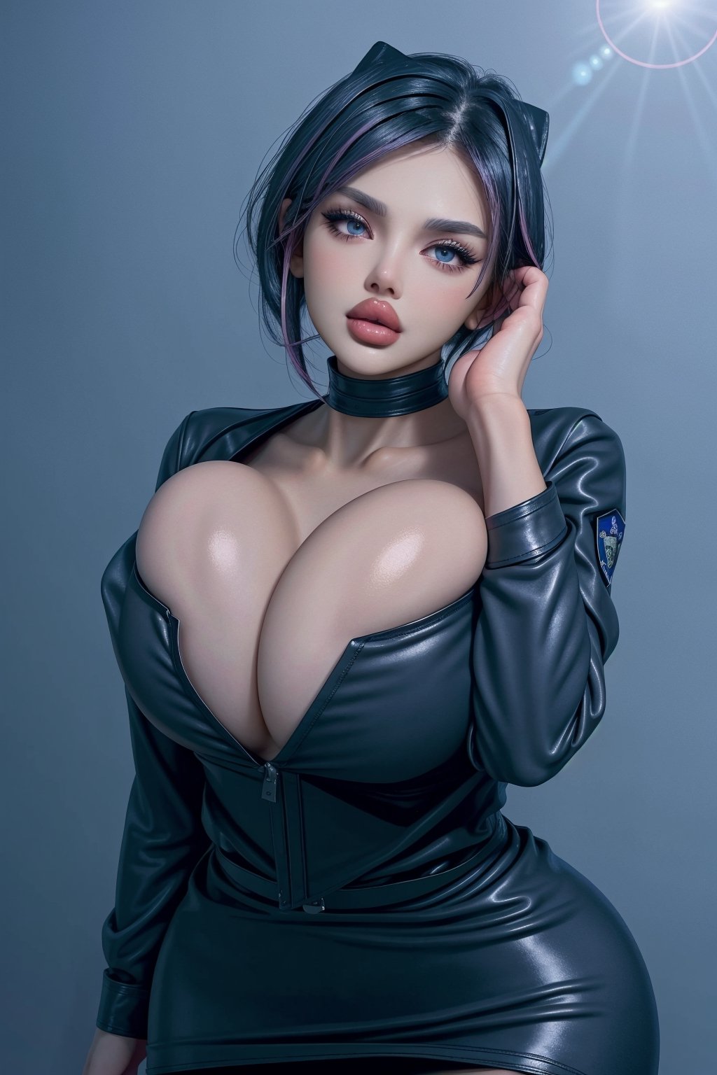 studio light, stylish background, huge breasts, short_hair, blue eyes, BimboMakeup, atb, perfect hands, seductive_pose, blue blouse, 
 black belt, leather jacket, mini skirt, choker, b1mb0, police_uniform, badge, pantyhose, tattoo, black hair, cap, pink hair, surprised,<lora:659111690174031528:1.0>