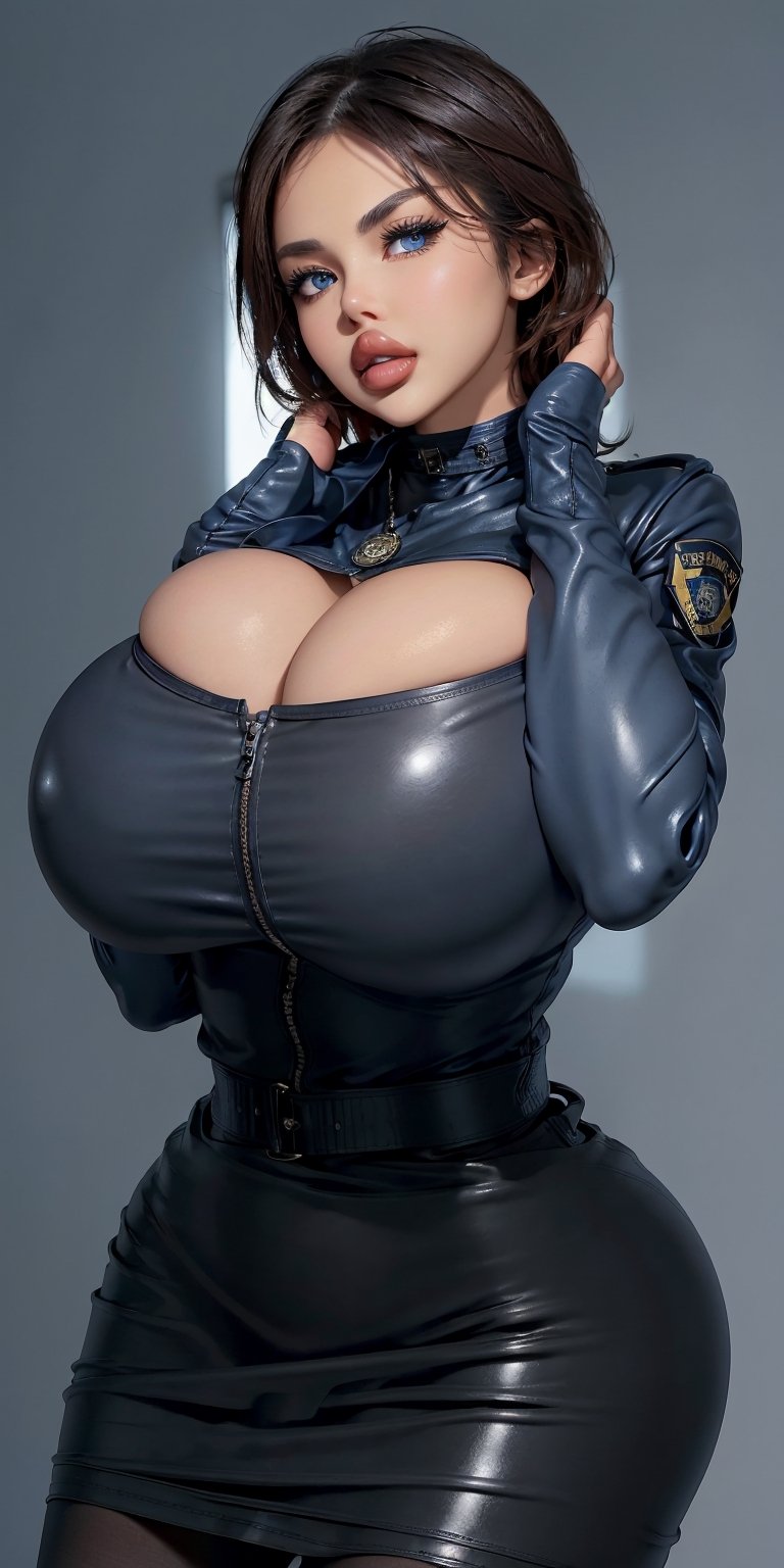 studio light, stylish background, huge breasts, short_hair, blue eyes, BimboMakeup, atb, perfect hands, seductive_pose, blue blouse, 
 black belt, leather jacket, mini skirt, choker, b1mb0, police_uniform, badge, pantyhose, aviator glasses, handcuffs