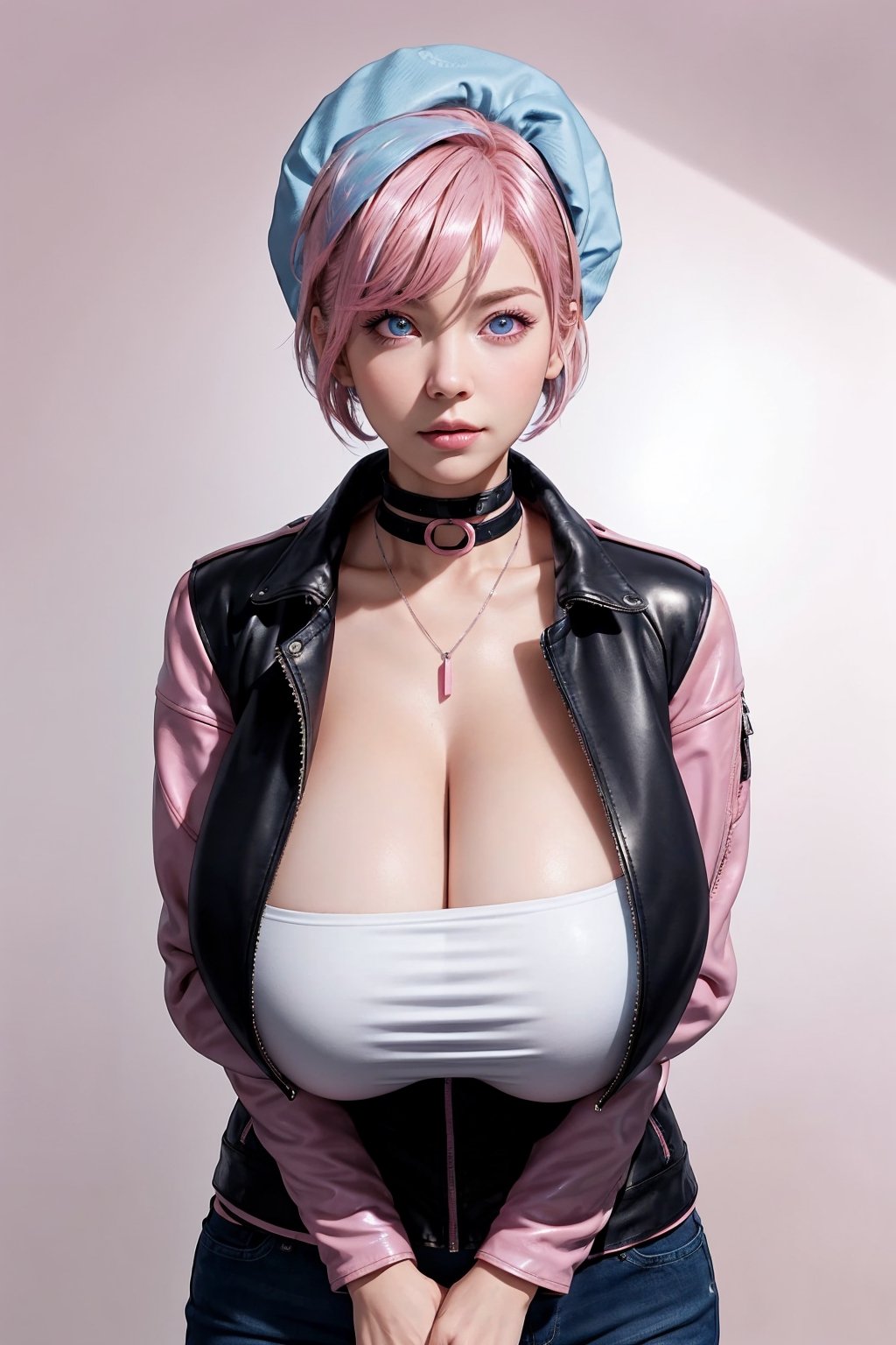 1girl, studio light, stylish background, huge breasts, short_hair, blue eyes, seductive_pose, leather jacket, choker, necklace, ((pink hair)), circle, flashes, style, circular background, border, sagging breasts,BimboMakeup,b1mb0,perfect