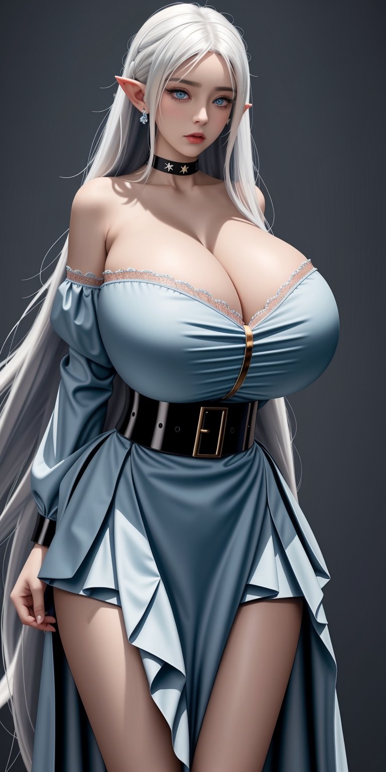 masterpiece, detailed, 1girl, studio light, stylish background, huge breasts, long_hair, blue eyes, seductive_pose, choker, necklace, (white hair), pointy ears, style, sagging breasts, skirt, belt, narrow waist,<lora:659111690174031528:1.0>