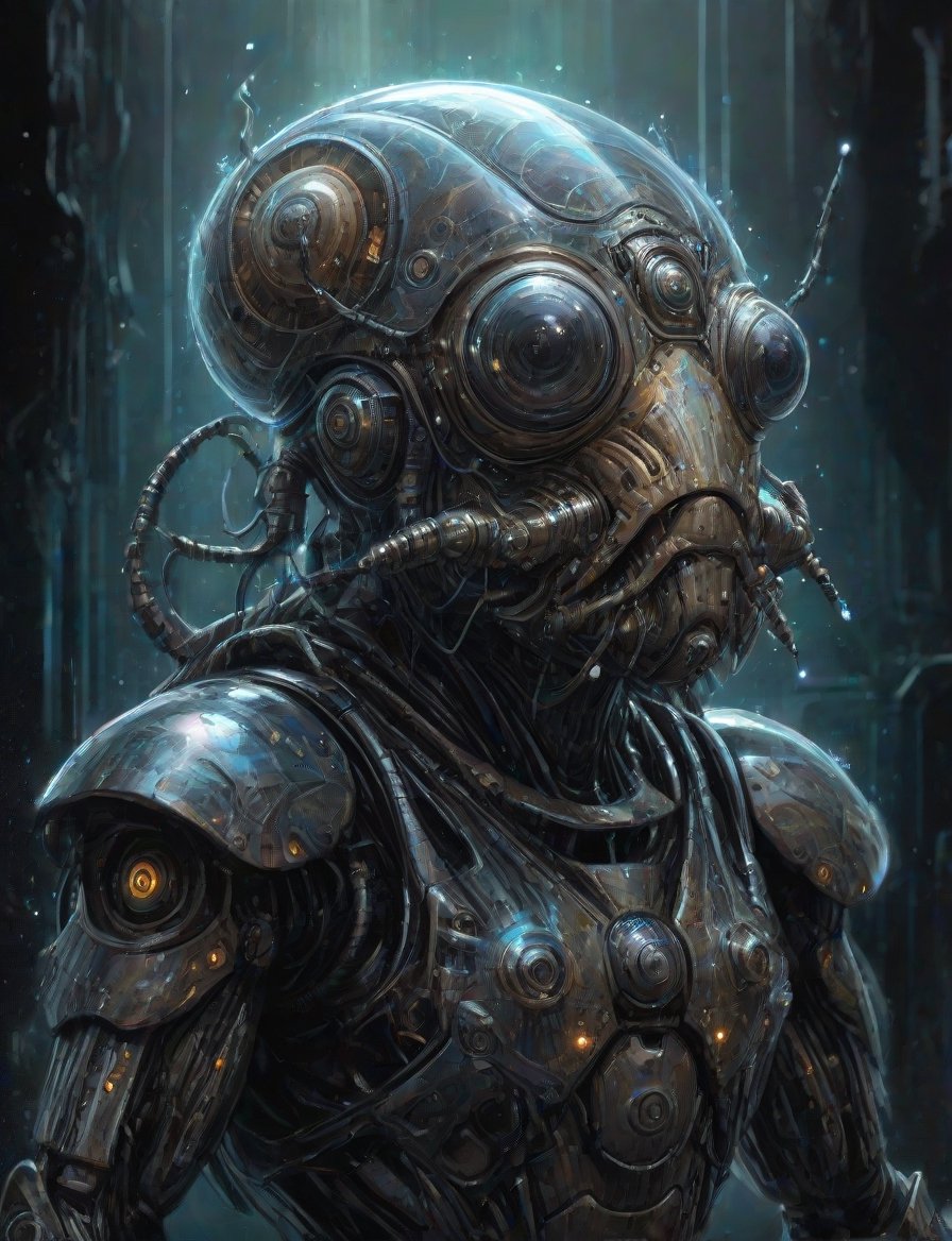 (head and shoulders portrait:1.4), (iridescent, translucent, and bioluminescent:1.2),(biomechanical symmetrical snail trooper , nudibranch , cyborg ), shattered reality, plasma, crystal and silver entanglement, power armor , (2d:1.4), ink (medium), 2D illustration,  detailed  painting, epic comic book art, intricate and intense oil paint, dark sci-fi background, (art by James Gurney and John Berkey :1.4), symmetrical features, triadic color scheme, muted colors, detailed