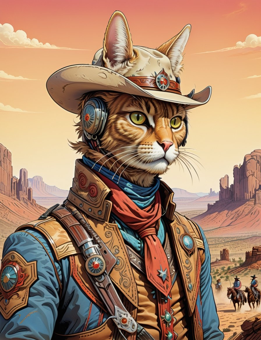 head and shoulders Portrait, sci-fi anthropomorphic (western cowboy :3) (cat wolpertinger:2), cowboy, wearing gunslinger outfit ,  background Wild West setting ,
highly detailed, art by Jean Giraud ((Moebius style)), line ink illustration,highly detailed,  ink sketch,ink Draw,Comic Book-Style 2d,2d, pastel colors