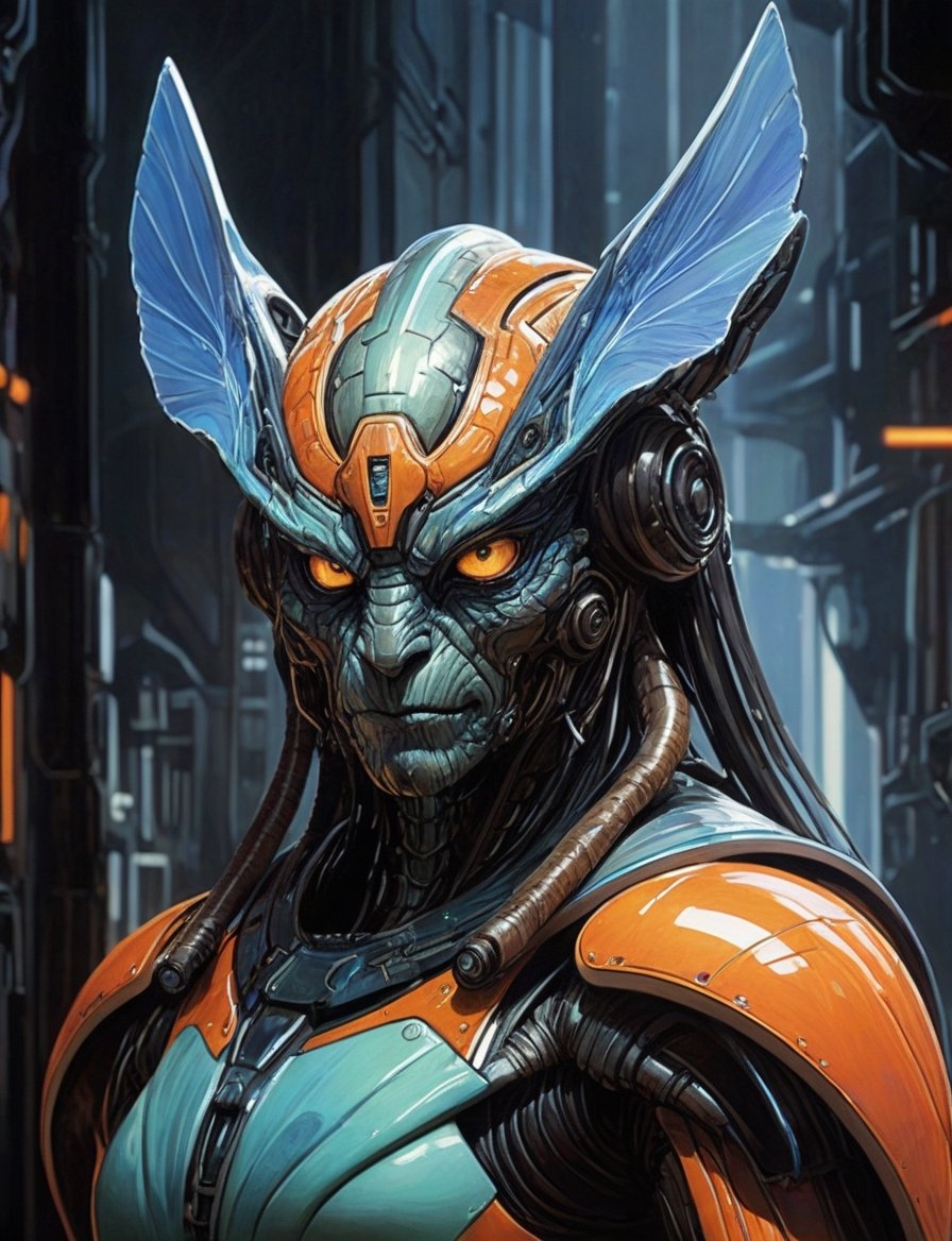 close up, head and shoulders portrait, fuzzy hornet creature warrior , glowing blue irises, engraved energy lines , (art by Syd Mead:1.8), ship interrior, solar punk, tangerine and teal color scheme, cold color palette, muted colors, detailed, 8k, art by h.r. giger