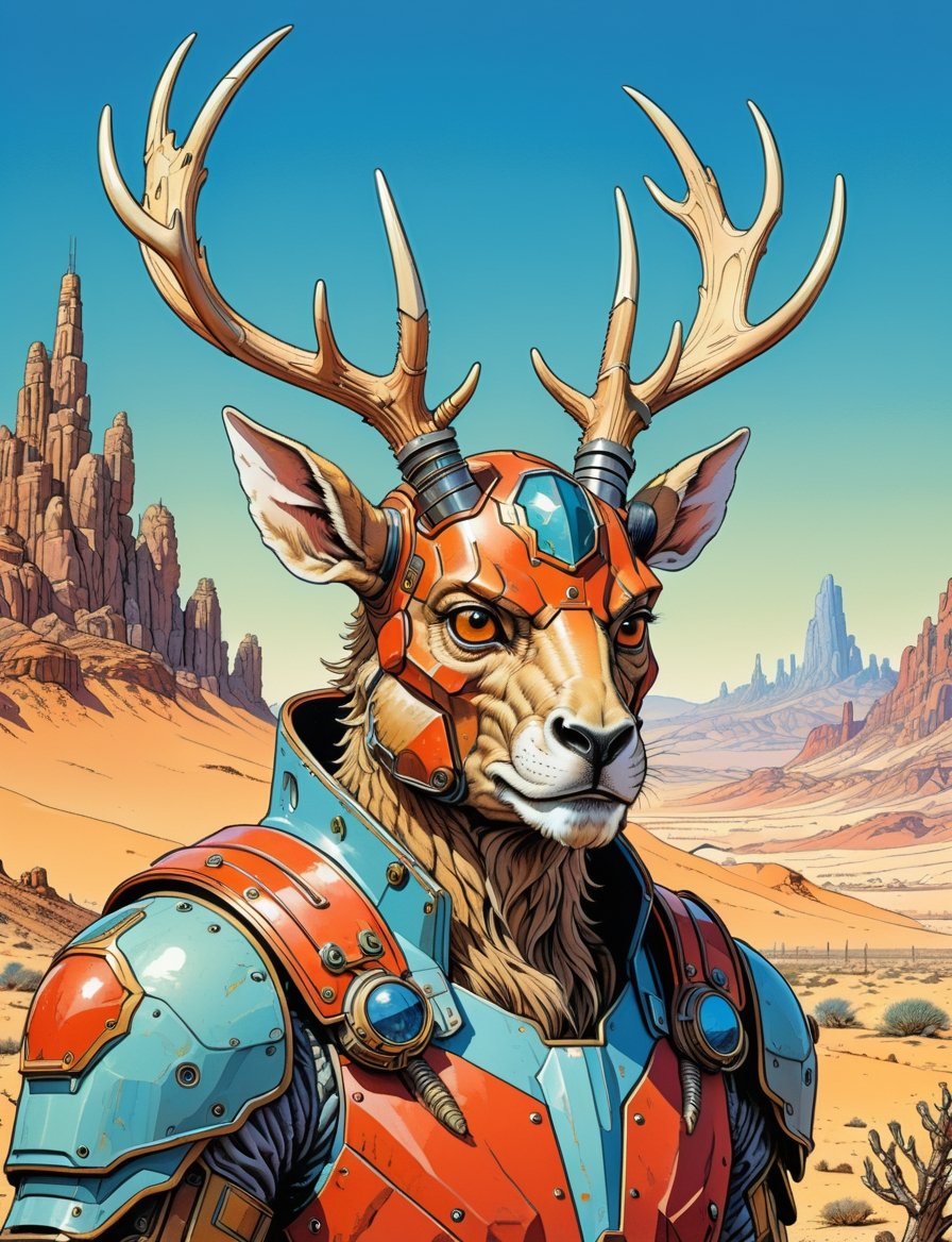 head and shoulders Portrait, sci-fi anthropomorphic wolpertinger with antlers superhero , wearing power armor, background Desert,
highly detailed, art by Jean Giraud ((Moebius style)), line ink illustration,highly detailed,  ink sketch,ink Draw,Comic Book-Style 2d,2d, pastel colors