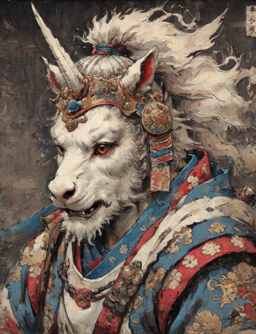 (close up, head and shoulders portrait:1.3), (anthromorphic Pegasus :1.6), oni_horns, samurai , samurai armor , brown, blue, violet , white and black color scheme , (dark background:1.2), Ukiyo-e,ink,colorful,shogun