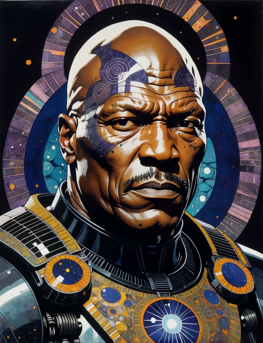 Painting of ving rhames as an evil sci-fi warrior, wearing power armor, solar punk setting, in the style of harry clarke and gustav klimt, analogous colors and black, bold colors and brushwork, bold lithographic, intense gaze, head and shoulders portrait