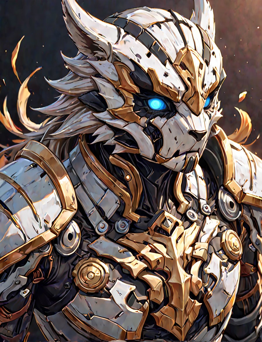 (head and shoulders portrait:1.2), a Warforged badger , sentient construct of gleaming white and black metal and gears, is dressed in intricately detailed armor. dark background , Inspired by the art of Destiny 2 and the style of Guardians of the Galaxy,art_booster