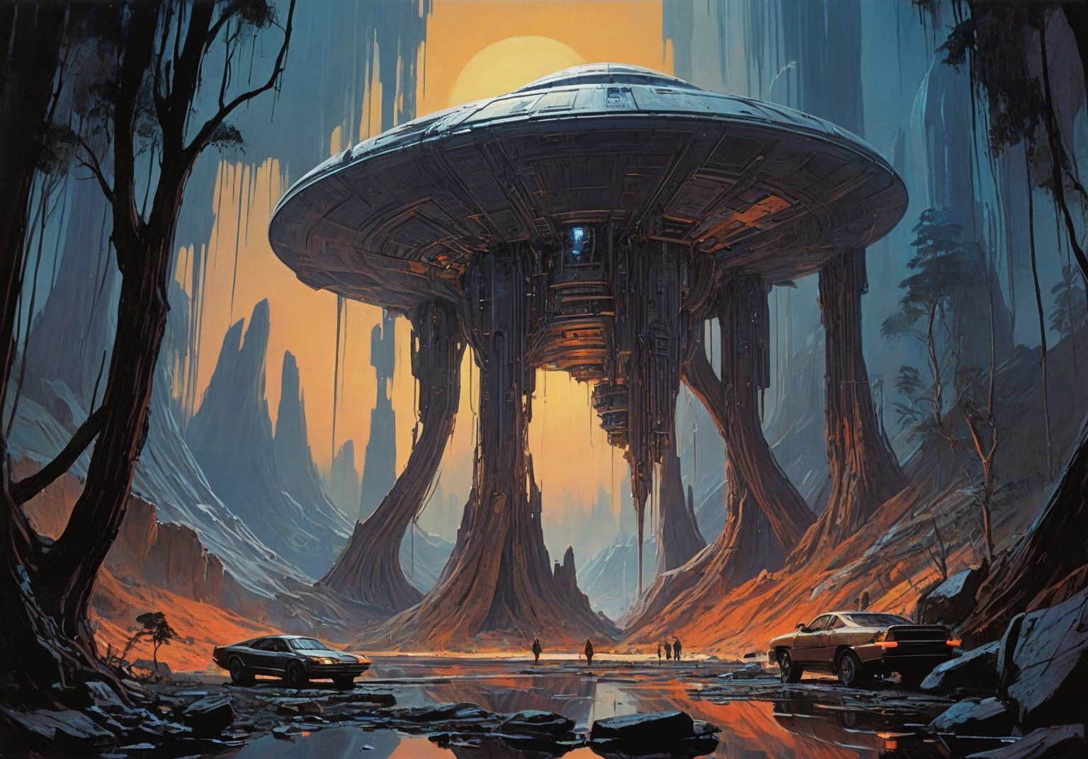 alien planet, alien night sky, (art by Syd Mead:1.8) (art by John Berkey:2),  giant tree, metal architecture ,  forest, cracked stone, cobblestone, molten lava river, solar punk, triadic colors, muted colors, detailed, 8k, art by h.r. giger