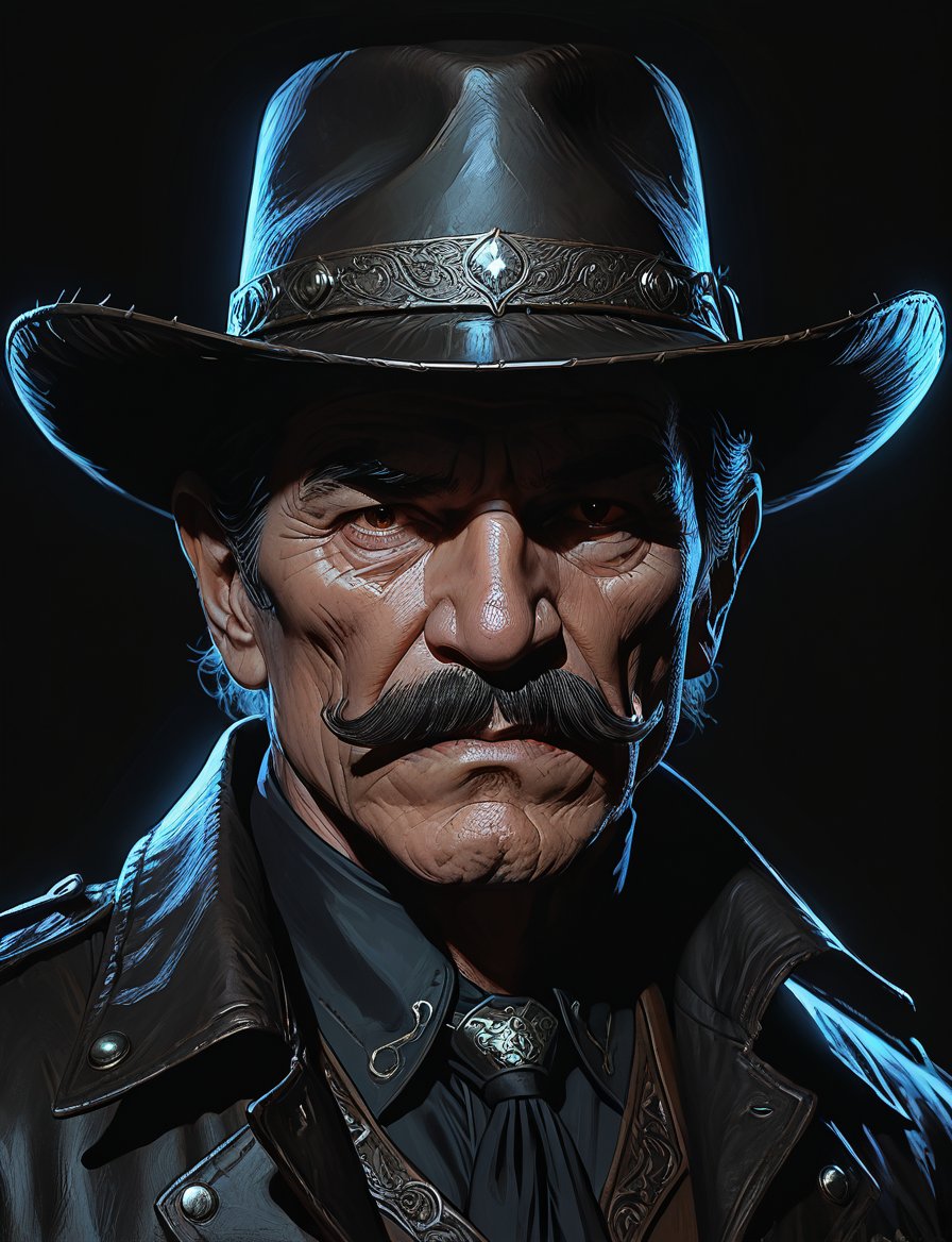 (head and shoulders portrait:1.2), Charles Bronson as vampire cowboy , (wide handlebar mustache:1.3), cowboy hat , holographic glowing eyes, wearing power armor outfit , (outline sketch style:1.5), surreal fantasy, close-up view, chiaroscuro lighting, no frame, hard light,Expressiveh,concept art,dark theme