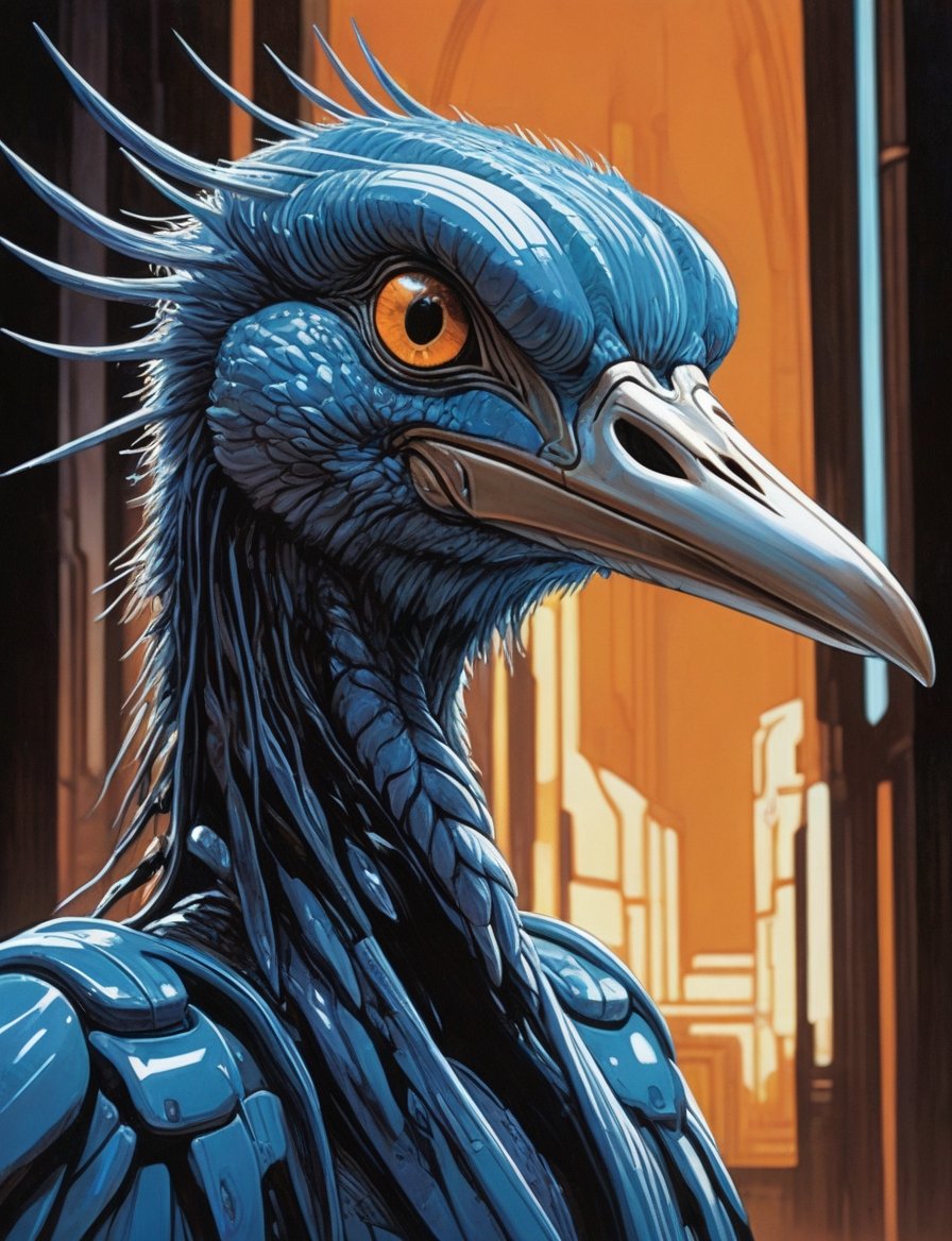 close up, head and shoulders portrait, male fuzzy stork creature , glowing blue irises, engraved energy lines , (art by Syd Mead:1.8), ship interrior, solar punk, tangerine and teal color scheme, cold color palette, muted colors, detailed, 8k, art by h.r. giger