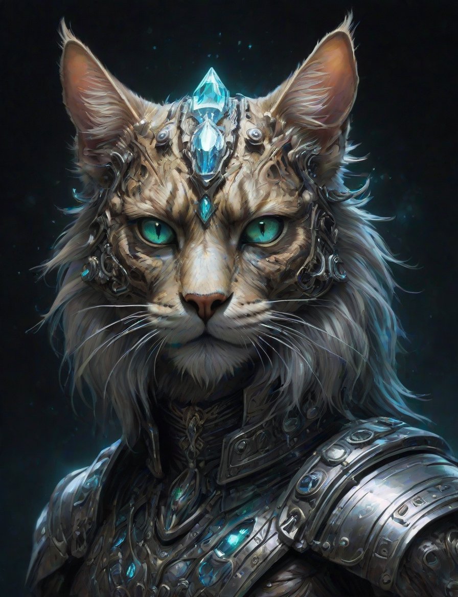 (head and shoulders portrait:1.4), (iridescent, translucent, and bioluminescent:1.2),(biomechanical symmetrical cat pirate , manticore , cyborg ), shattered reality, plasma, crystal and silver entanglement, pirate outfit , (2d:1.4), ink (medium), 2D illustration,  detailed  painting, epic comic book art, intricate and intense oil paint, dark sci-fi background, (art by James Gurney and John Berkey :1.4), symmetrical features, triadic color scheme, muted colors, detailed