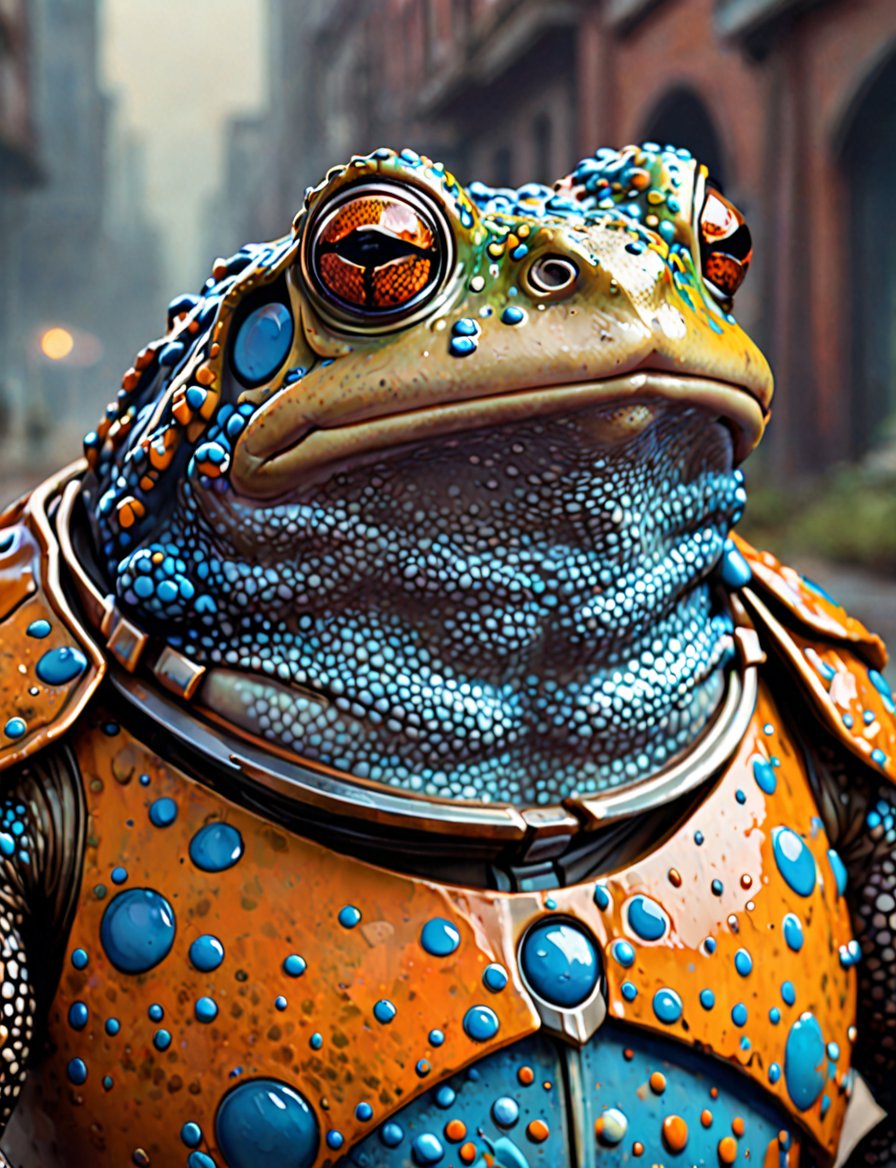 (close up, head and shoulders portrait:1.3), (anthromorphic toad:1.6), wearing sci-fi polycarbonate armor , "The overall effect is a blend of impressionism and abstraction, creating a rich, immersive setting. The scene should feature a realist selective focus on main subject. In contrast, the background should transition into an abstract, painterly environment. The atmosphere should be hazy and diffuse, contributing to an ethereal and somewhat dystopian feel. Background impressionistic style to emphasize mood and atmosphere over detailed realism. The colors in the background include shades of rich, vibrant hues with dramatic contrasts, featuring deep, earthy tones and vivid highlights, blending seamlessly with cooler hues like blues and greys. Use muted accents like rusty orange-yellows, and rusty teals to highlight tiny areas and add visual interest. Use this blend of subdued and bold colors to emphasize the gritty nature of the scene."