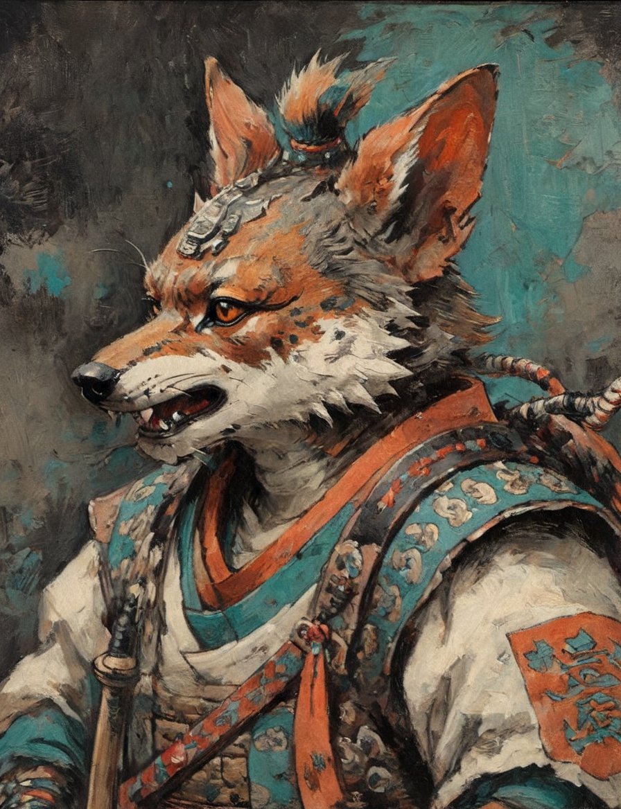 (close up, head and shoulders portrait:1.3), anthromorphic ( jackal :1.6), oni_horns, samurai , samurai armor , brown, tangerine, teal , white and black color scheme , (dark background:1.2), Ukiyo-e,ink,colorful,shogun