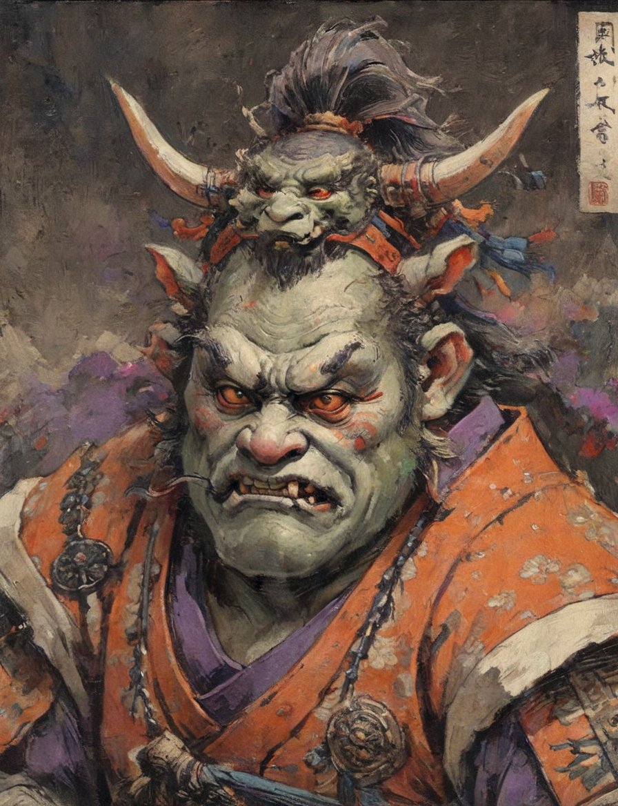 (close up, head and shoulders portrait:1.3), (anthromorphic ogre  :1.6), oni_horns, samurai , samurai armor , brown, tangerine, violet , white and black color scheme , (dark background:1.2), Ukiyo-e,ink,colorful,shogun