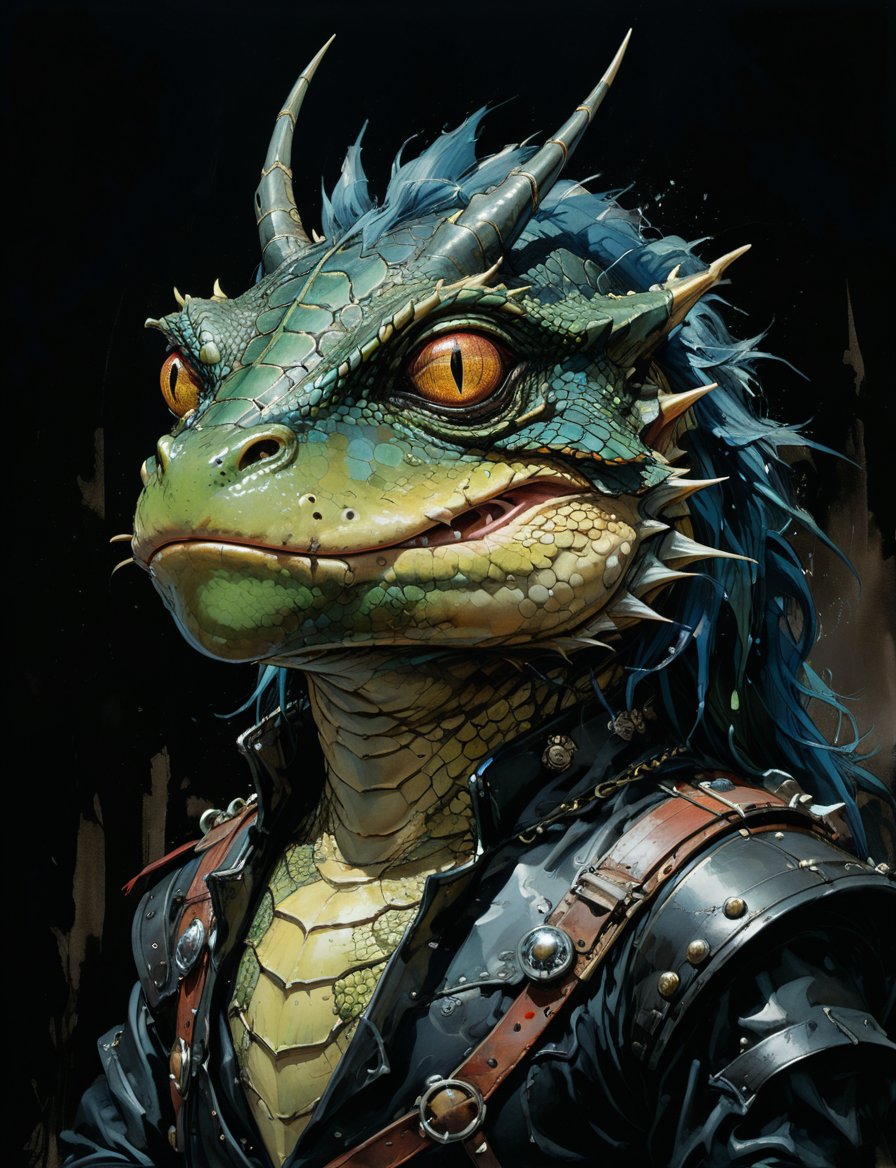 art by simon bisley, art by ralph steadman, art by vallejo, a masterpiece, stunning detail, (head and shoulders portrait:1.3), (anthropomorphic (dragon1.4)  (toad :1.5) :1.3), supreme wearing black leather armor, creature fur scales , dark background 