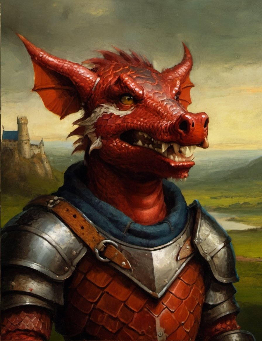 (close up, anthropomorphic medieval evil (razorback:1.1) (dragon:1.2) head and shoulders oil portrait:4), by Moritz von Schwind , knight in a richly decorated medieval armor, bright colors,  medieval countryside background scene, countryside, castle , symmetrical features ,oil painting