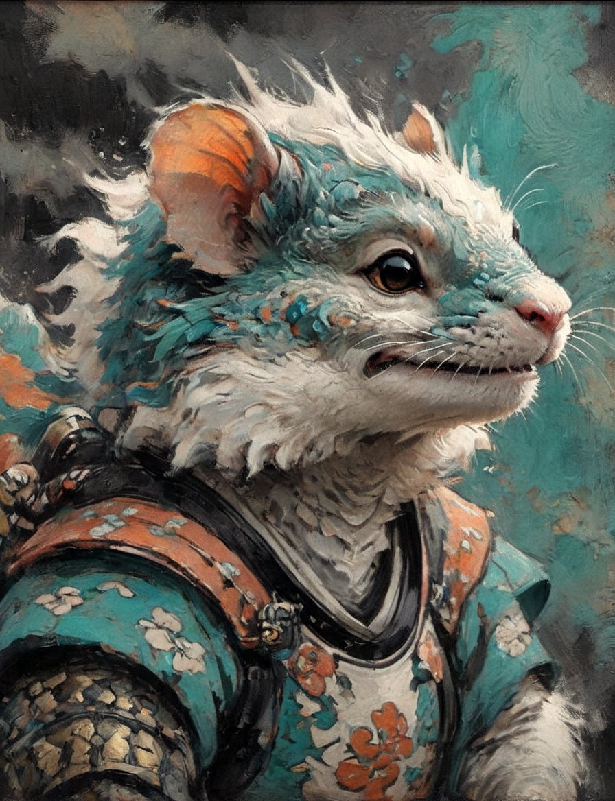 (close up, head and shoulders portrait:1.3), anthromorphic ( gerbil :1.2) dragon, samurai , black samurai armor, brown, tangerine teal, white and black color scheme , (dark background:1.2), Disney pixar style,Ukiyo-e,ink,colorful,shogun