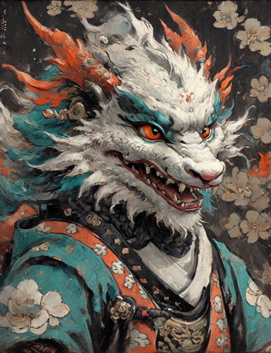 (close up, head and shoulders portrait:1.3), anthromorphic ( Nijineko :1.2) dragon, oni_horns, samurai , black samurai armor, brown, tangerine teal, white and black color scheme , (dark background:1.2), Disney pixar style,Ukiyo-e,ink,colorful,shogun