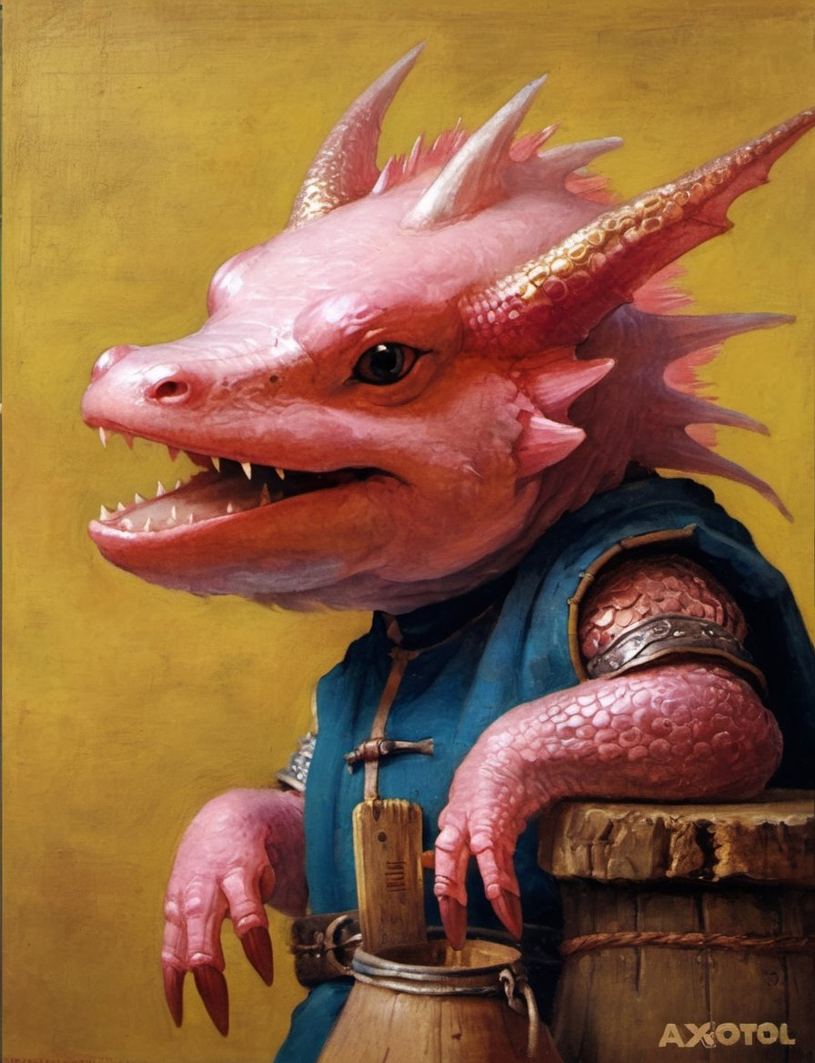 (close up, anthropomorphic medieval evil (axolotl:1.1) (dragon:1.2) head and shoulders oil portrait:4), by Moritz von Schwind , knight in a richly decorated medieval armor, bright colors,  medieval countryside background scene, countryside, castle , symmetrical features ,oil painting