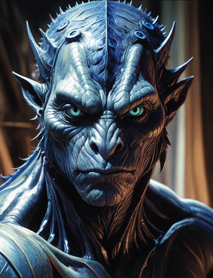 close up, head and shoulders portrait, male creature (15 eyes:3) , glowing blue irises, engraved energy lines , (art by Syd Mead:1.8), triadic color scheme, muted colors, detailed, art by h.r. giger