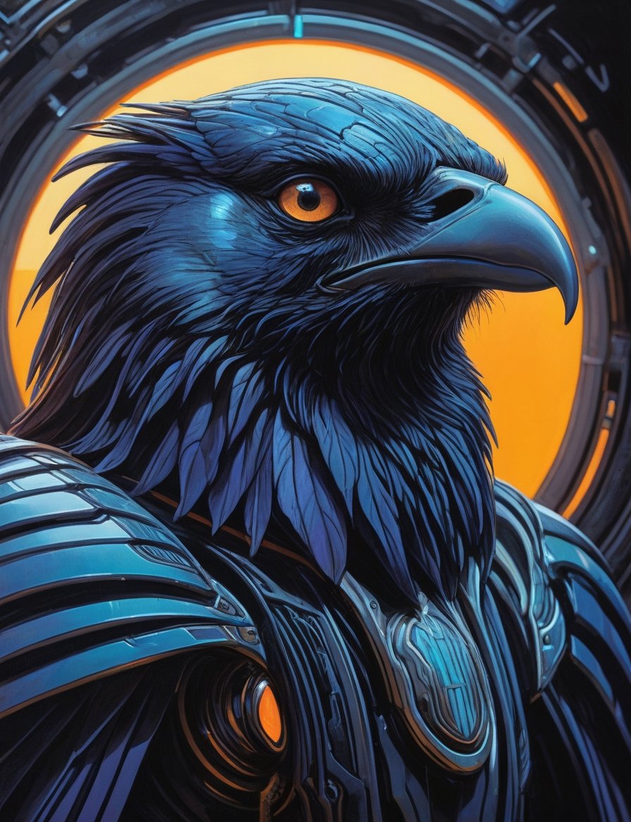 close up, head and shoulders portrait, male fuzzy raven creature , glowing blue irises, engraved energy lines , (art by Syd Mead:1.8), ship interrior, solar punk, tangerine and teal color scheme, cold color palette, muted colors, detailed, 8k, art by h.r. giger