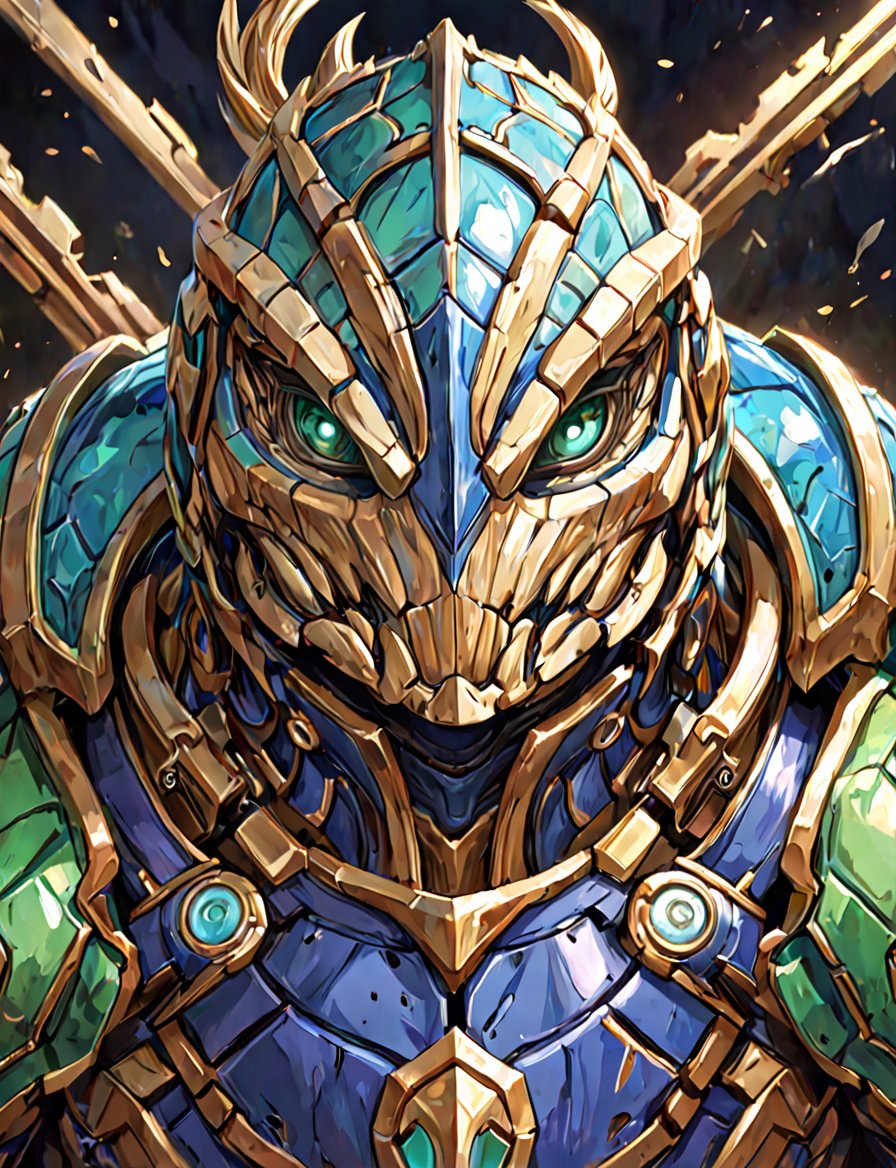 (head and shoulders portrait:1.2), a Warforged turtle , sentient construct of gleaming blue and green metal and gears, is dressed in intricately detailed armor. Inspired by the art of Destiny 2 and the style of Guardians of the Galaxy,art_booster