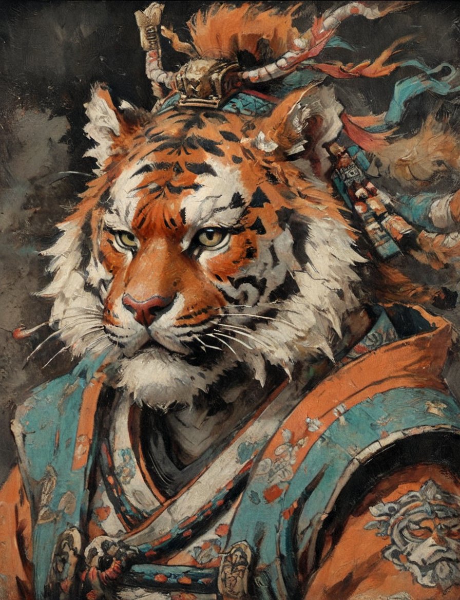 (close up, head and shoulders portrait:1.3), anthromorphic ( tiger :1.6), oni_horns, samurai , samurai armor , brown, tangerine, teal , white and black color scheme , (dark background:1.2), Ukiyo-e,ink,colorful,shogun