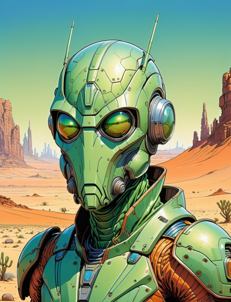 head and shoulders Portrait, sci-fi anthropomorphic mantis superhero , wearing power armor, background Desert,
highly detailed, art by Jean Giraud ((Moebius style)), line ink illustration,highly detailed,  ink sketch,ink Draw,Comic Book-Style 2d,2d, pastel colors