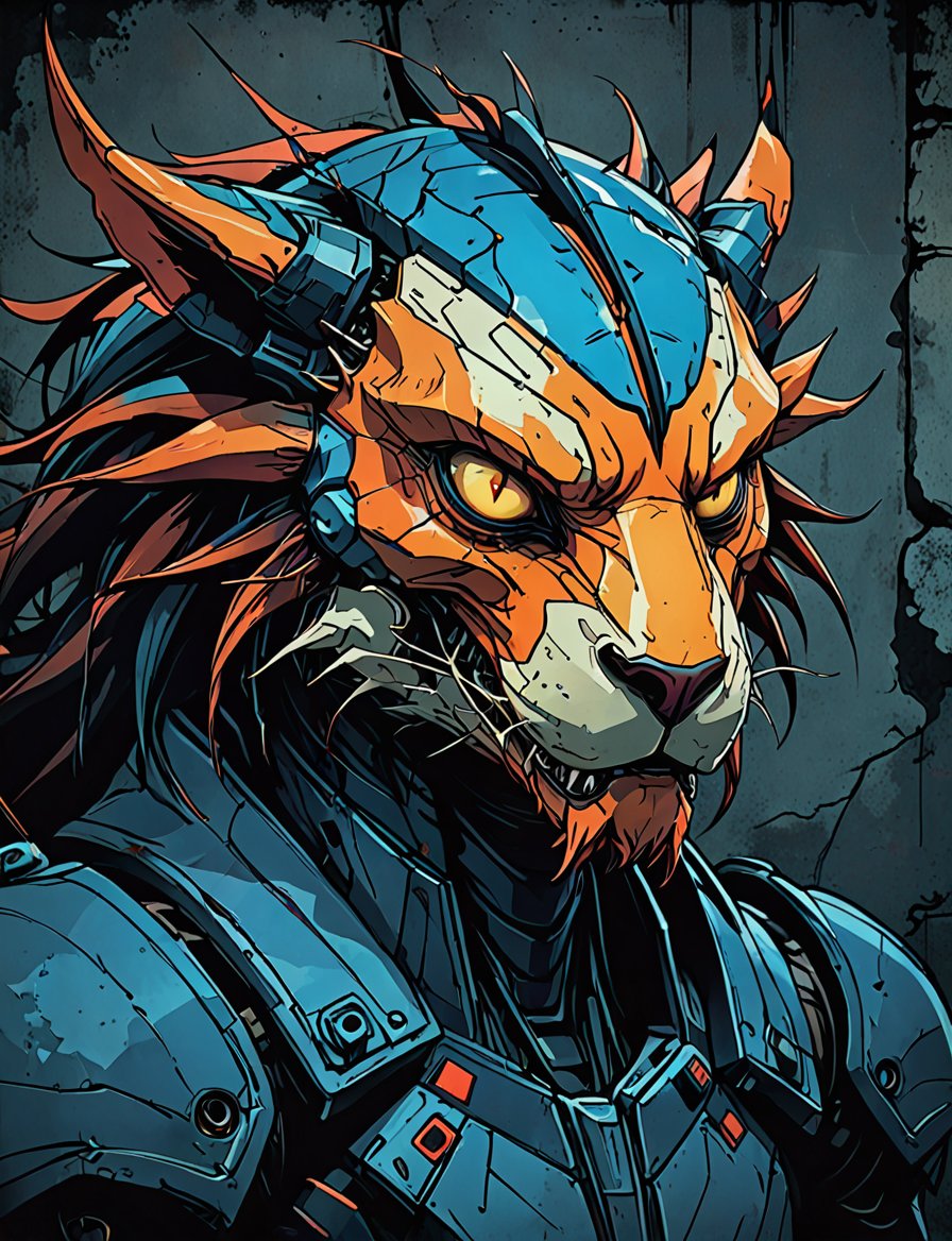 (close up, head and shoulders portrait:1.5), red, orange, blue gradient ,(anthropomorphic alien manticore biomechanical robot :1.5), (angular shapes:1.7), samurai, wearing samurai armor, (strong outline sketch style:1.5), symmetrical features, gritty fantasy, (darkest dungeon art style :1.4), dark muted background, detailed, Dark Manga of,Dark Anime of