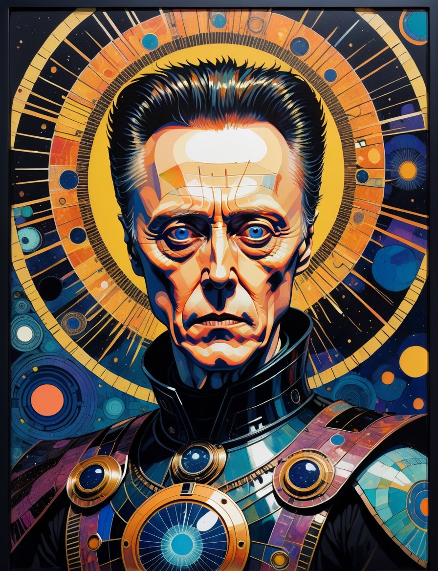 Painting of Christopher Walken as an evil sci-fi warrior, wearing power armor, solar punk setting, in the style of harry clarke and gustav klimt, analogous colors and black, bold colors and brushwork, bold lithographic, intense gaze, head and shoulders portrait