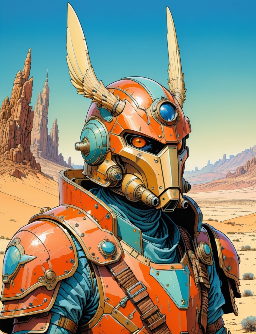 head and shoulders Portrait, sci-fi anthropomorphic wolpertinger warrior , wearing power armor, background Desert,
highly detailed, art by Jean Giraud ((Moebius style)), line ink illustration,highly detailed,  ink sketch,ink Draw,Comic Book-Style 2d,2d, pastel colors