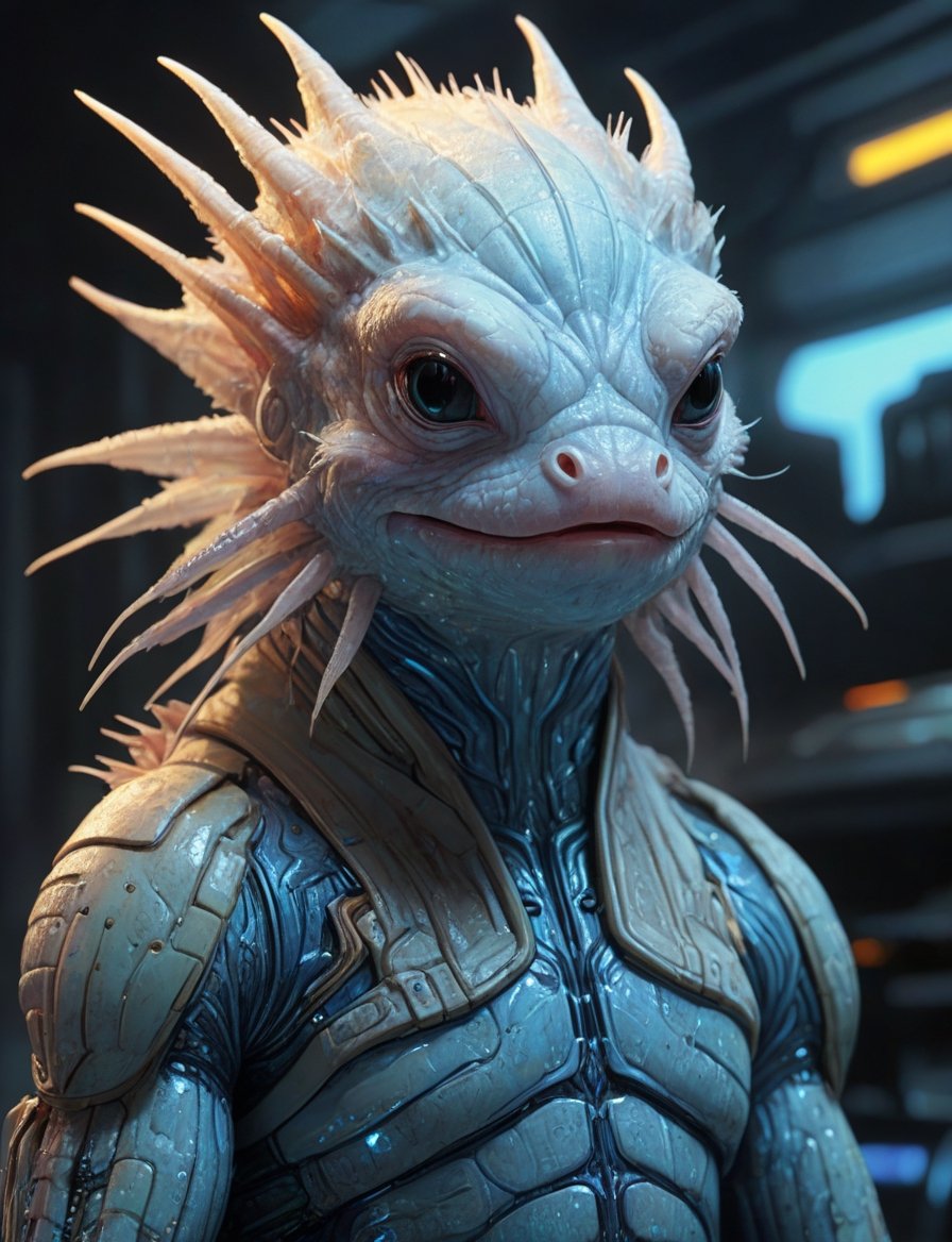 close up, head and shoulders portrait, male fuzzy axolotl creature , glowing blue irises, engraved energy lines , (art by Syd Mead:1.8), ship interrior, solar punk, tangerine and teal color scheme, cold color palette, muted colors, detailed, 8k, art by h.r. giger